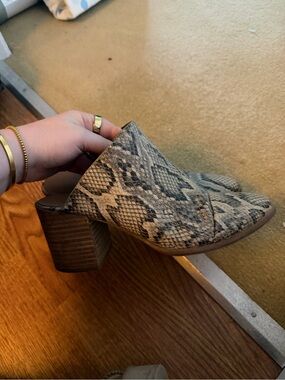 Report Snake Print Block Heel Mules in Taupe and Black